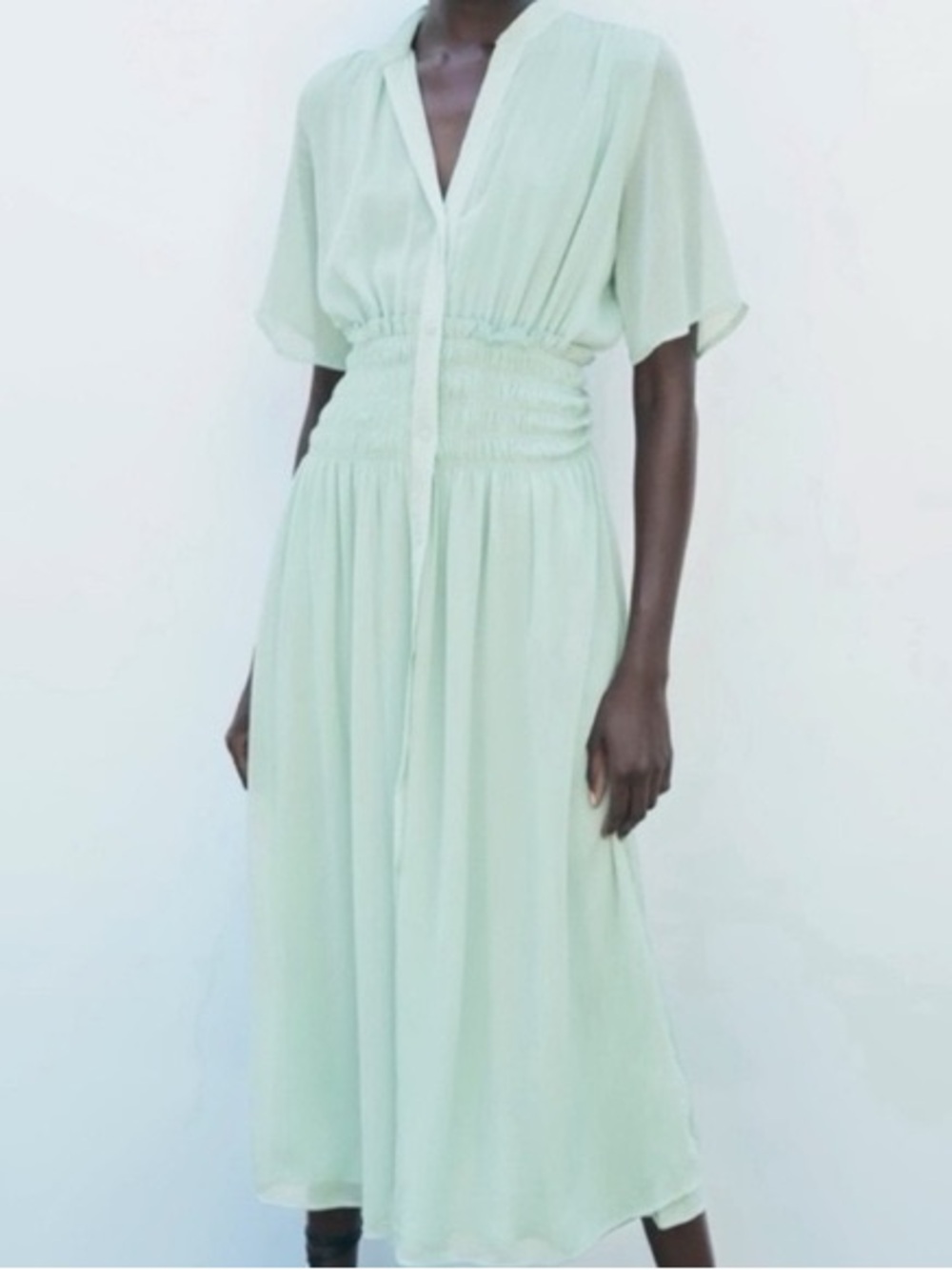 Zara Mint Green Chiffon Smocked Waist Maxi Dress Flutter Sleeve M